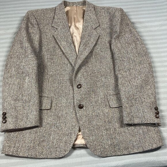 Harris Tweed Blazer Mens 44 Short Brown Herringbone Wool Hand Woven Scotland - Picture 2 of 16